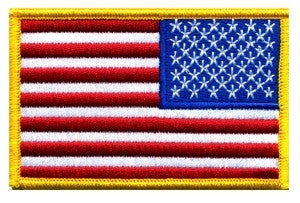 U.S. FLAG SEW ON - REVERSE - 3-1/2 X 2-1/4 FULL COLOR MEDUIM GOLD